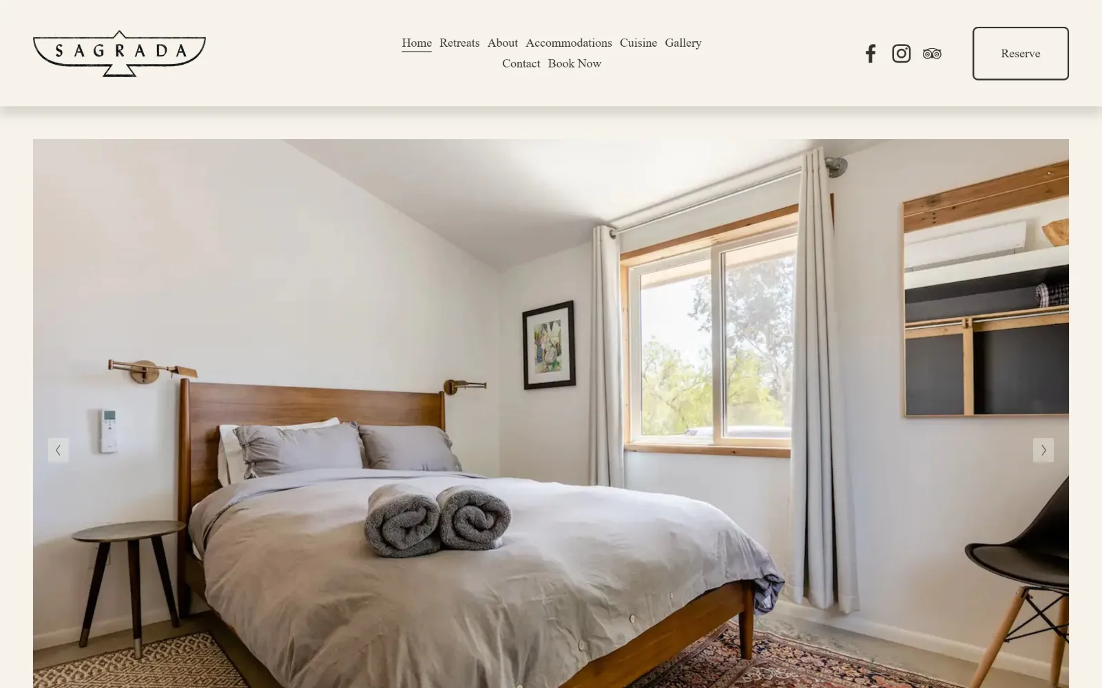 sagradawellness.com, yoga studio website design: a guest room with a walnut bed