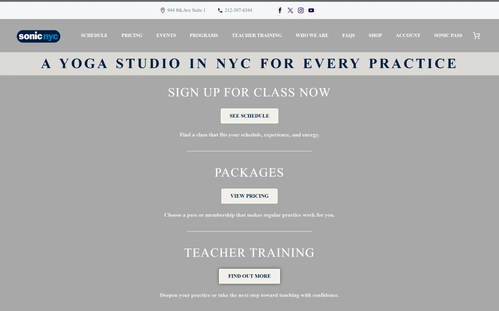 sonicnyc.com, yoga studio website design: a wide letterspaced line announcing a yoga studio in NYC sits above three stacked headings