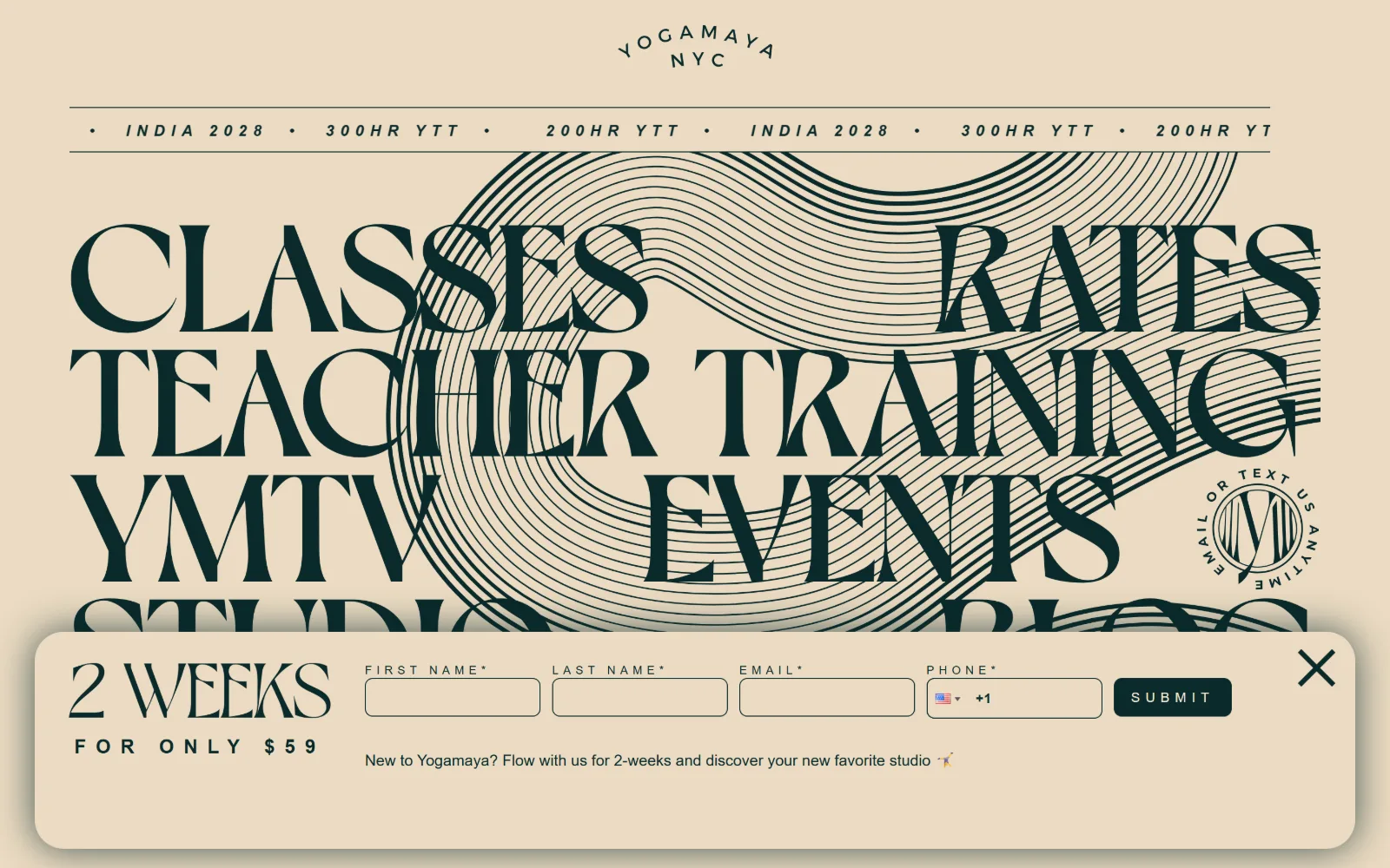 yogamaya.com, yoga studio website design: six section names set in a huge display serif stack over a cream ground