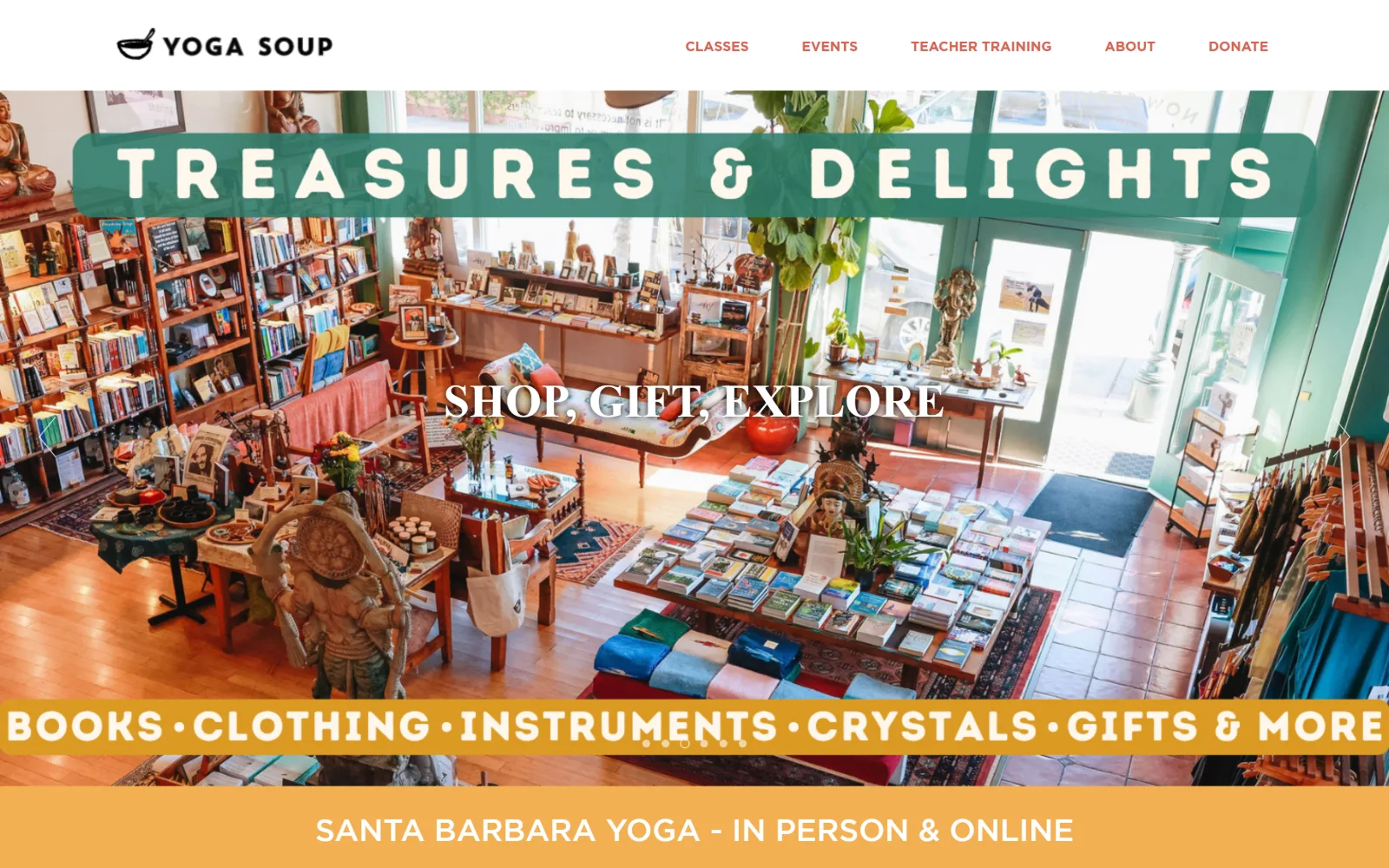 yogasoup.com, yoga studio website design: an overhead view of a shop full of books, mats and brass statues