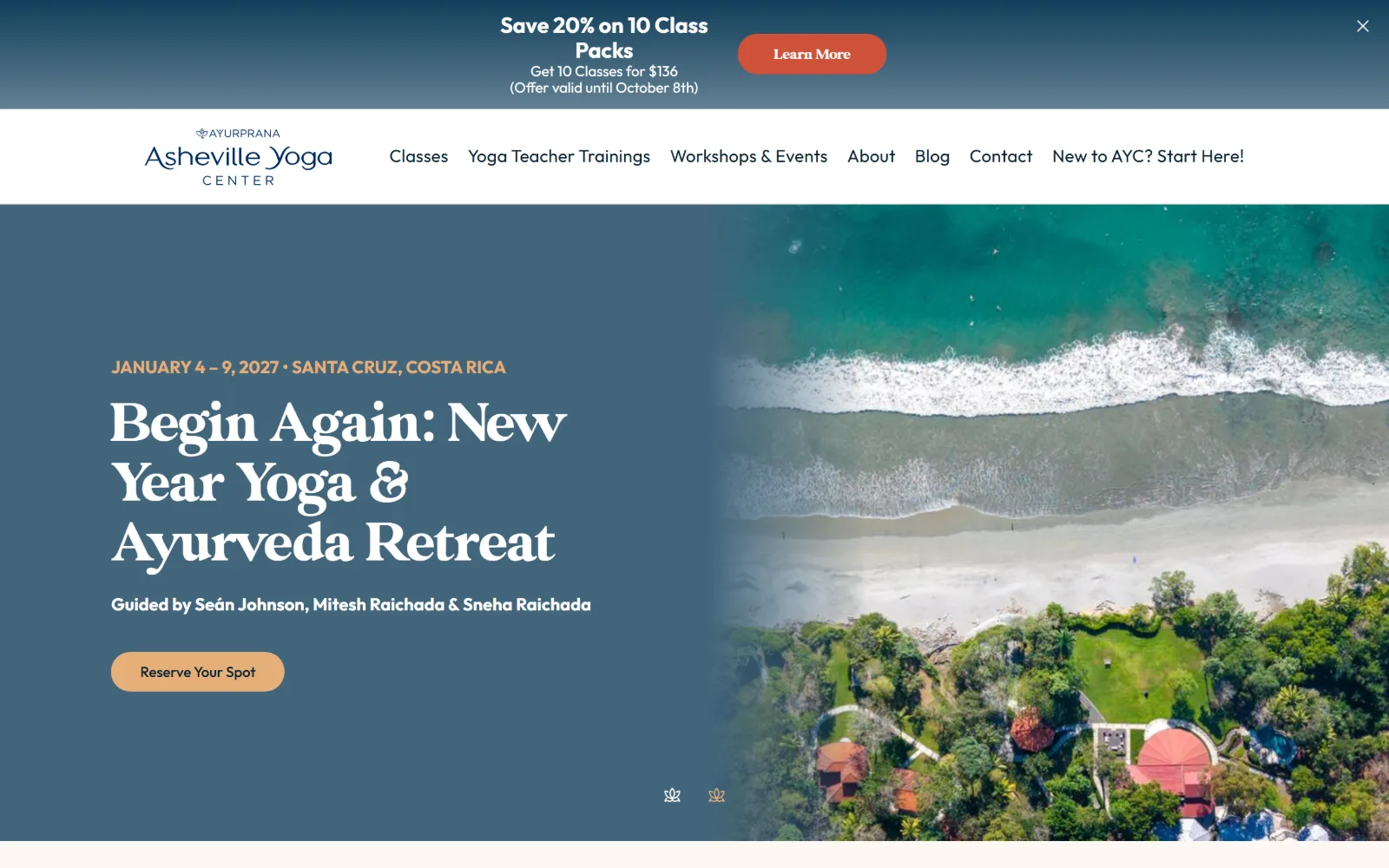 youryoga.com, yoga studio website design: a split screen: a retreat headline in cream display serif on slate blue at left